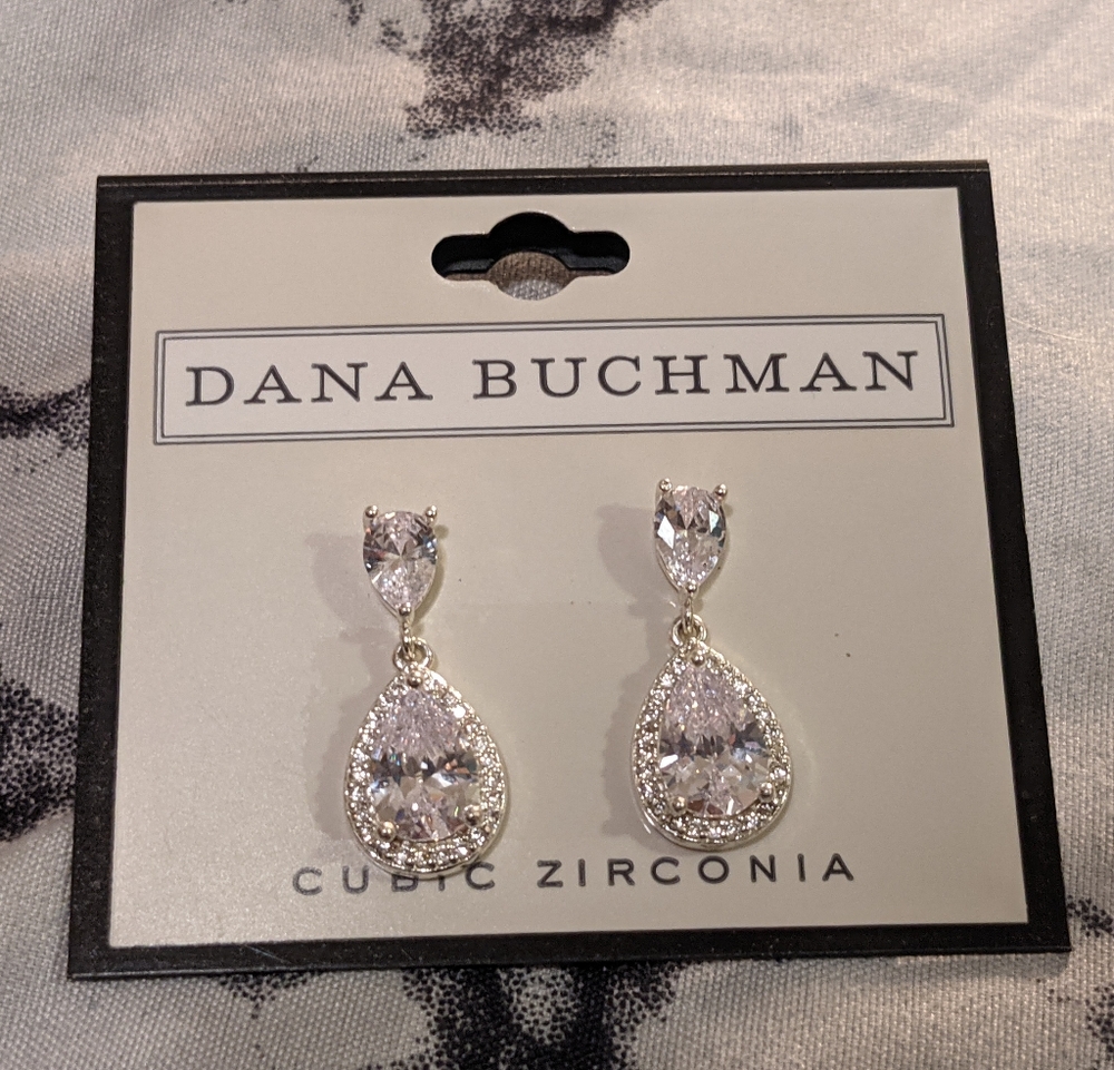 Dana Buchman CZ Silver Clear Pear Earrings NWT